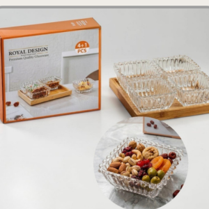 Set x4 cazuelas de vidrio transparente con tabla｜透明玻璃小碗四件套（配木板）