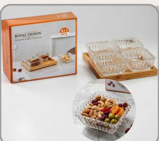 Set x4 cazuelas de vidrio transparente con tabla｜透明玻璃小碗四件套（配木板）