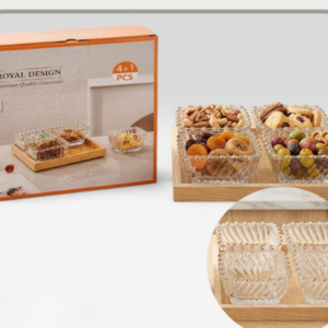 Set x4 cazuelas de vidrio con detalle rosé c/tabla｜玫瑰金装饰玻璃小碗四件套（配木板）
