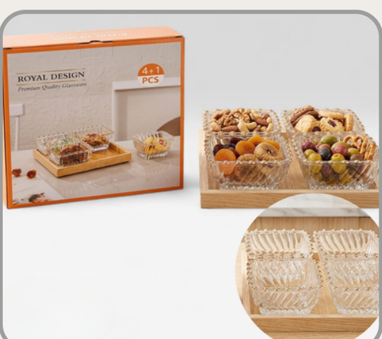 Set x4 cazuelas de vidrio con detalle rosé c/tabla｜玫瑰金装饰玻璃小碗四件套（配木板）