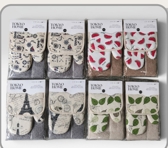 Set x3 manopla + agarradera + repasador 40x60cm Diseños surtidos｜厨房隔热手套锅垫擦巾三件套（擦巾40×60cm）