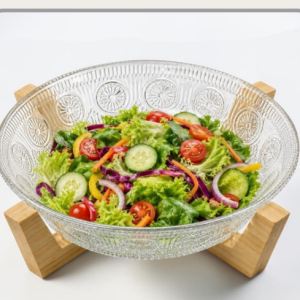 Bowl de vidrio transparente con soporte de bambú 600ml｜透明玻璃碗600ml（带竹底座）
