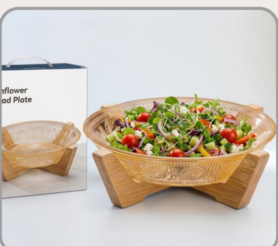Bowl de vidrio ámbar con soporte de bambú 600ml｜琥珀色玻璃碗600ml（带竹底座）