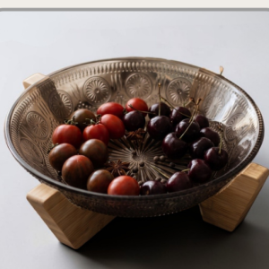 Bowl de vidrio gris con soporte de bambú 600ml｜灰色玻璃碗600ml（带竹底座）