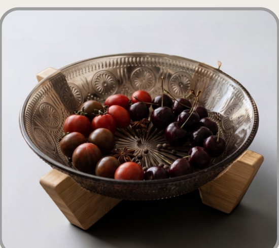 Bowl de vidrio gris con soporte de bambú 600ml｜灰色玻璃碗600ml（带竹底座）