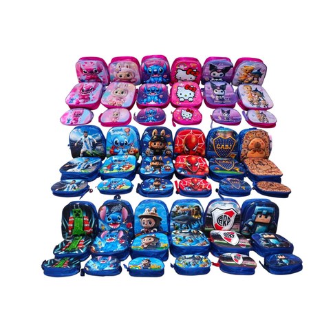 MOCHILA 12， LUNCHERA，CARTUCHERA 1 CIERRE 3D PERSONAJE 120u｜带3D卡通拉链的背包、午餐盒、铅笔盒套装（120件）