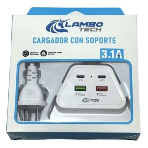 CARGADOR ESTACION DE CARGA 2PD+2USB c/PORTACELULAR LAMBO TECH LT-25AL2 TRIANGULAR 200u｜Lambo Tech LT-25AL2 三角形 2PD+2USB 充电站，带手机支架（200件）