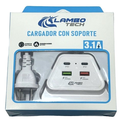 CARGADOR ESTACION DE CARGA 2PD+2USB c/PORTACELULAR LAMBO TECH LT-25AL2 TRIANGULAR 200u｜Lambo Tech LT-25AL2 三角形 2PD+2USB 充电站，带手机支架（200件）