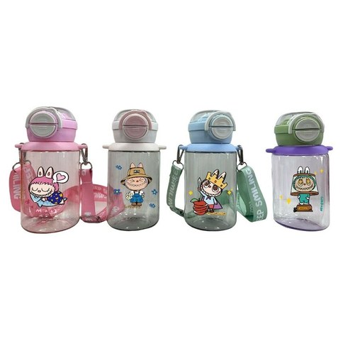 BOTELLA DE AGUA PLASTICO LABUBU c/2 PICOS 600ml 4modelos SURTIDOS 100u｜LABUBU 双吸嘴塑料水瓶 600 毫升多种型号（100件）