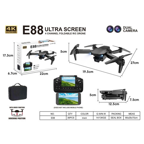 DRON E88 ULTRA SCREEN CAMARA DUAL CONTROL REMOTO c/VISOR 36u｜E88超高清屏幕无人机，带双摄像头、遥控器和显示屏（36件）