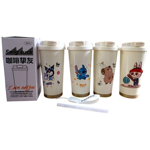VASO TERMICO c/SORBETE CORREA ANTIDESLIZANTE 500ml stitch kuromi capybara labubu 50u｜带吸管和防滑挂绳的保温杯（500毫升，图案可选：史迪奇、酷洛米、水豚、拉布布（50件）
