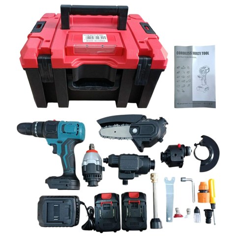 KIT HERRAMIENTAS INALAMBRICAS 6en1 AMOLADORA TALADRO MOTOSIERRA LLAVE DE IMPACTO HIDROLAVADORA a BAT｜六合一无线工具套装：角磨机、电钻、链锯、冲击扳手和电池式高压清洗机