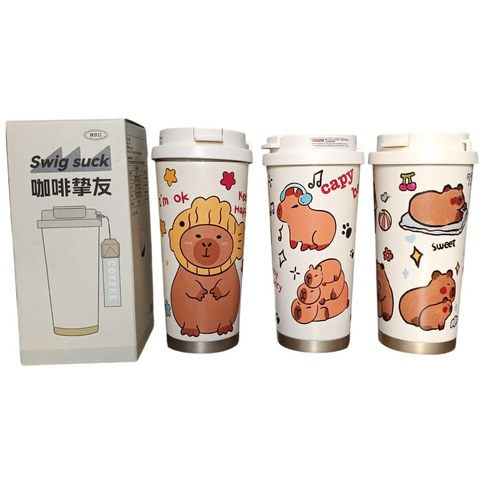 VASO TERMICO CAPYBARA c/ SORBETE MANIJA 500ml SUS 316 ACERO INOXIDABLE ANTIDESLIZANTE 50u｜Capybara 500ml 保温杯（带吸管和手柄）（316不锈钢，防滑（50件）