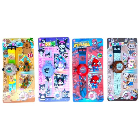 RELOJ INFANTIL 2218 PERSONAJE CON PROYECTOR DE IMAGENES en BLISTER capybara kuromi labubu spiderman｜儿童手表 2218 人物款带投影功能 吸塑包装（水豚、酷洛米、拉布布、蜘蛛侠）