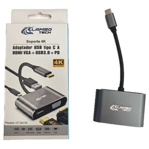 ADAPTADOR HUB 4en1 TipoC a HDMI VGA USB3.0 PD 4K LAMBO TECH LT-26124 200u｜LAMBO TECH LT-26124四合一Type-C转HDMI VGA USB 3.0 PD 4K集线器适配器（200个）数量）（200件）