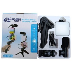 KIT BLOGGER STREAMING FILMACION PARA CELULAR RGB C/MICROFONO SOPORTE  LAMBO TECH AY-49RGB 60u｜Lambo Tech AY-49RGB RGB 手机串流录制套装，带麦克风和支架（60件）