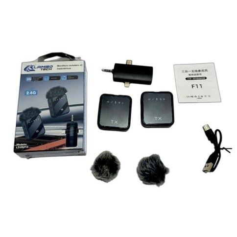 MICROFONO CORBATERO INALAMBRICO F11 RECEPTOR 3en1 USB-C Jack3.5 Lightning LAMBO TECH LT-26212 x2pcs｜LAMBO TECH LT-26212 F11 无线领夹麦克风 三合一接收器 USB-C、3.5mm 耳机孔、Lightning 接口（2 个）