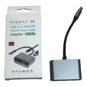 ADAPTADOR HUB 4en1 TipoC a HUB PD+HDTV+VGA+USB METAL 200u｜4合1 Type-C转PD+HDTV+VGA+USB金属集线器适配器（200件）