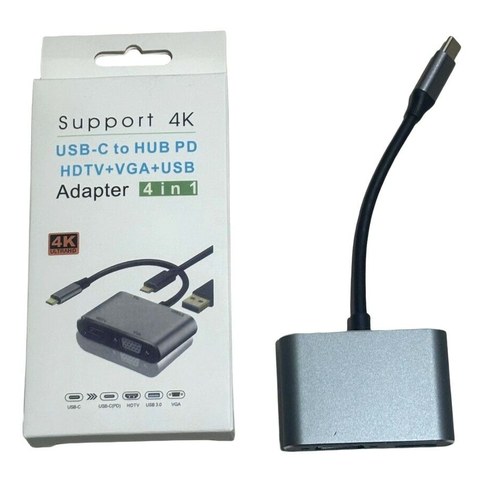 ADAPTADOR HUB 4en1 TipoC a HUB PD+HDTV+VGA+USB METAL 200u｜4合1 Type-C转PD+HDTV+VGA+USB金属集线器适配器（200件）